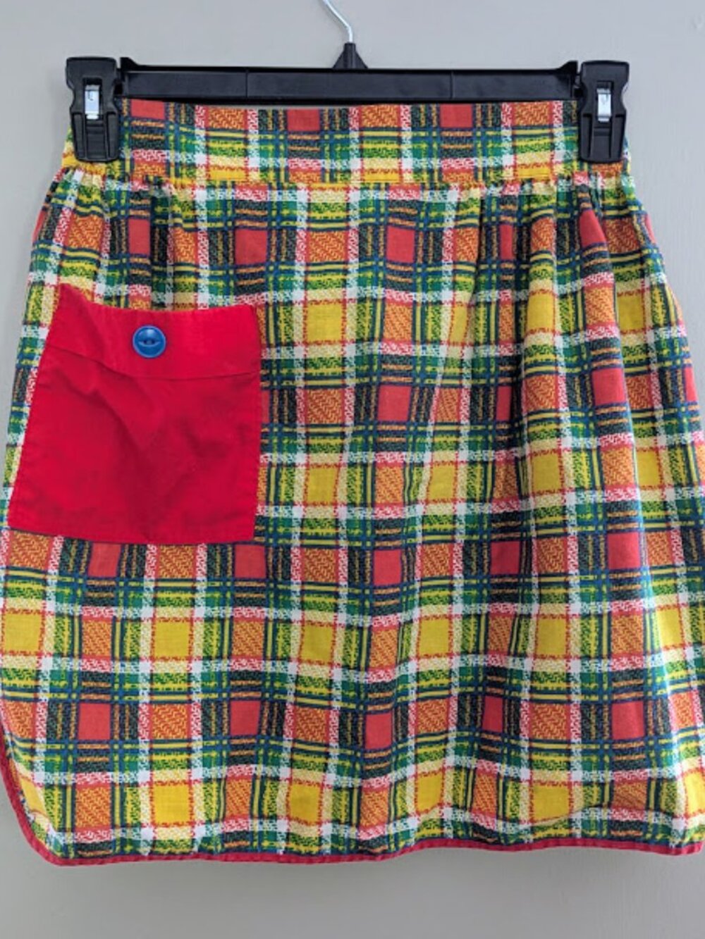 Vintage 1960s Handmade Plaid Half Apron Red Pocket USA
